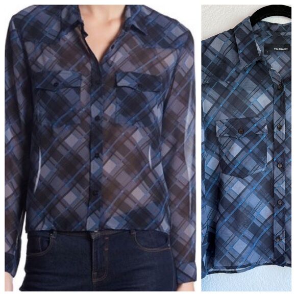 The Kooples Tops - The Kooples Sheer Plaid Cropped Button Down Long Sleeve Blouse in Blue & Black